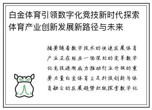 白金体育引领数字化竞技新时代探索体育产业创新发展新路径与未来 白金体育引领数字化竞技新时代探索体育产业创新发展新路径与未来